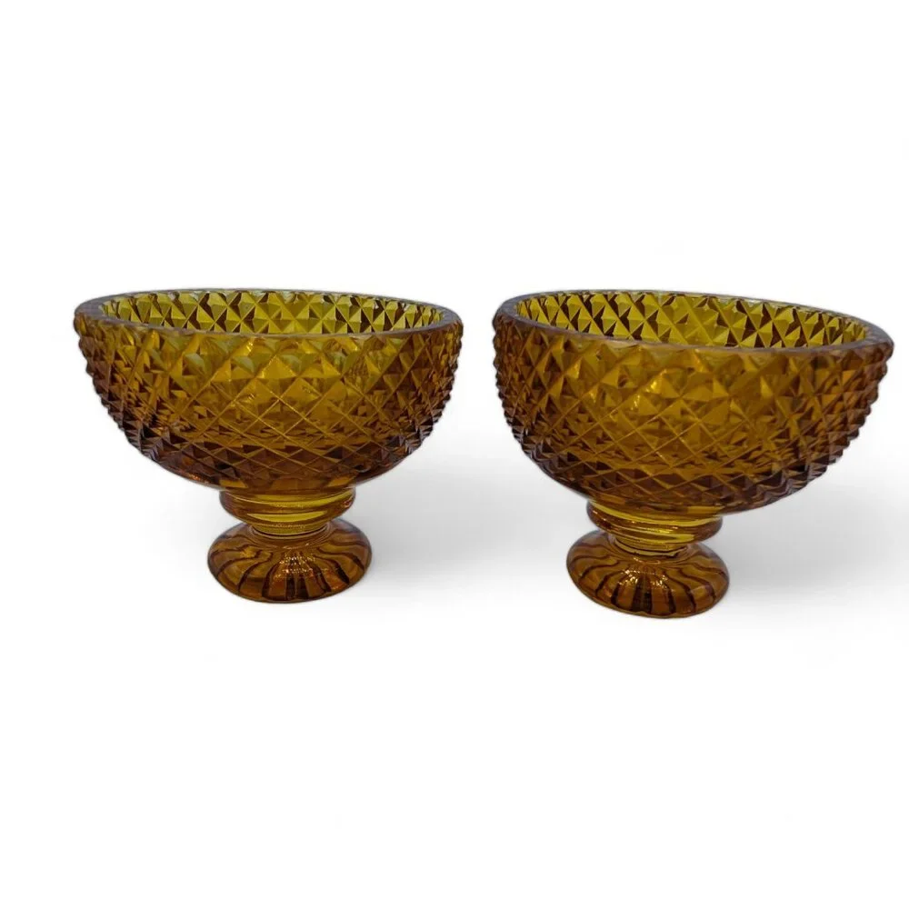 Vintage Amber Gold Glass Set of 2 Dessert Dish Cup Diamond Cut Design Bowls